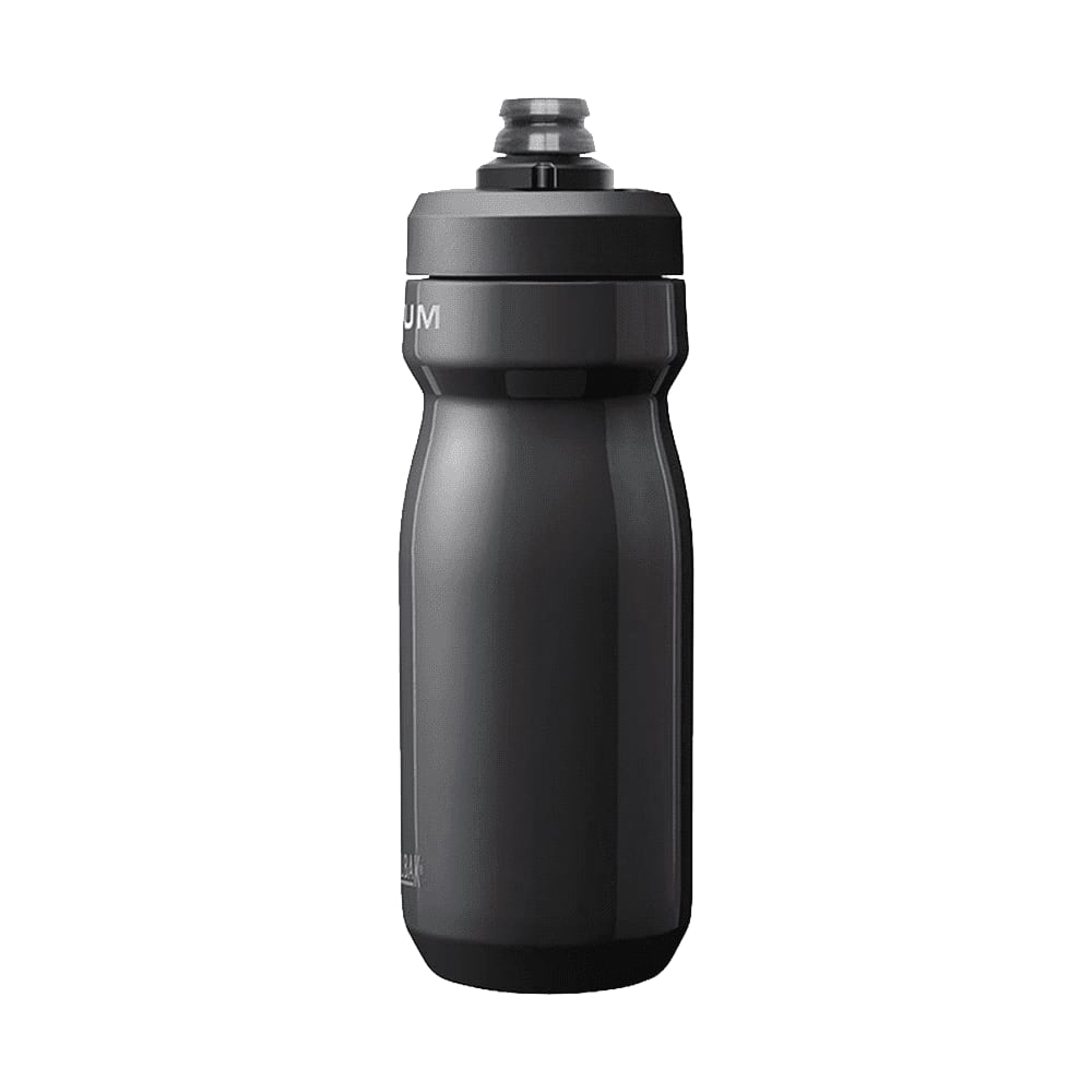 A drink bottle in matte black finished stainless steel with a slim design and cap for easy drinking, featuring a logo.