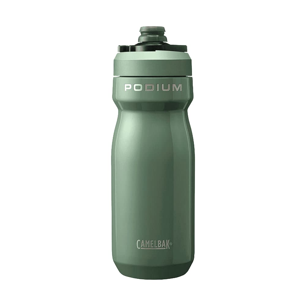 A drink bottle in a muted green colour, featuring a textured body and a screw-on cap, along with a logo.
