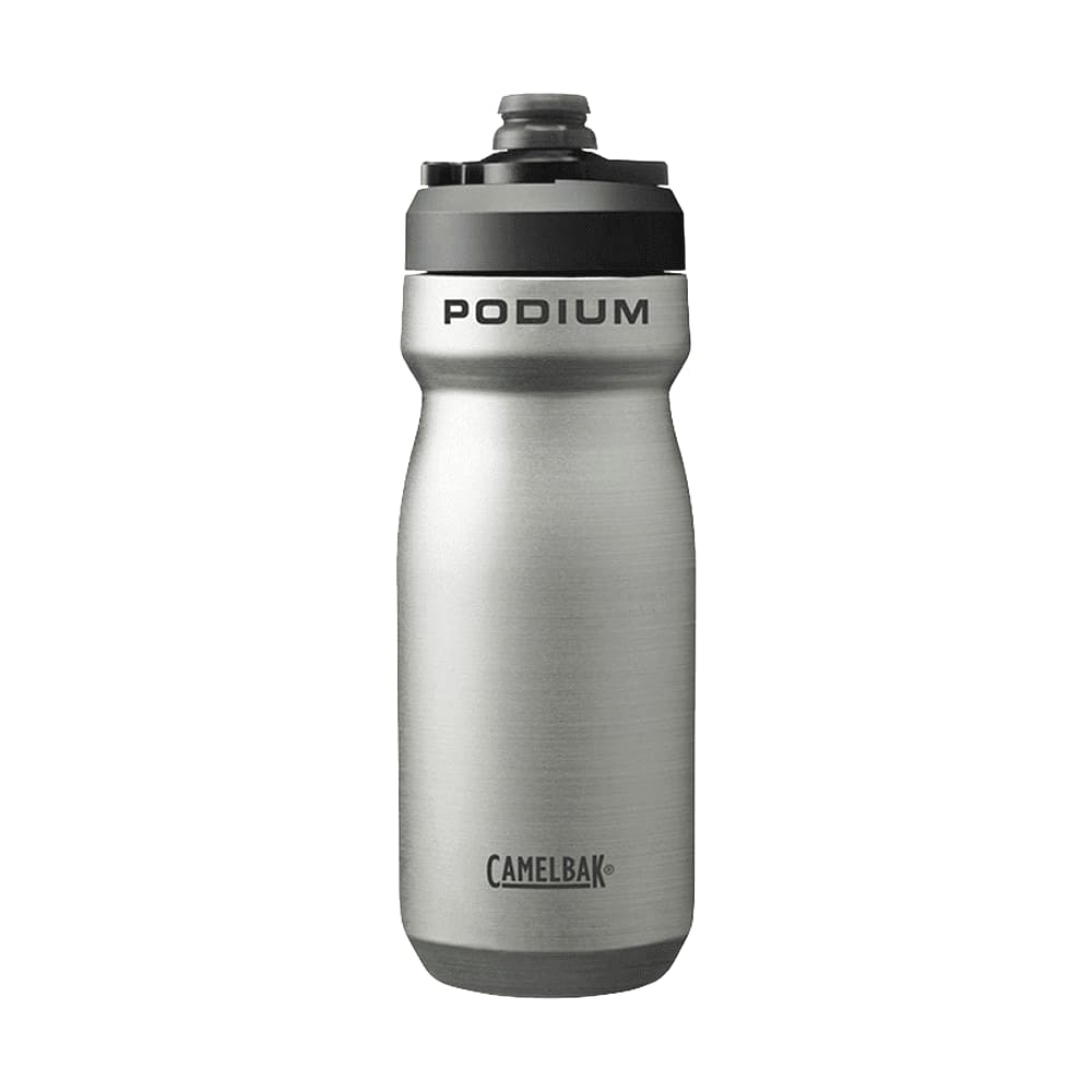 A drink bottle made of insulated steel, featuring a silver finish and a black lid with a logo.