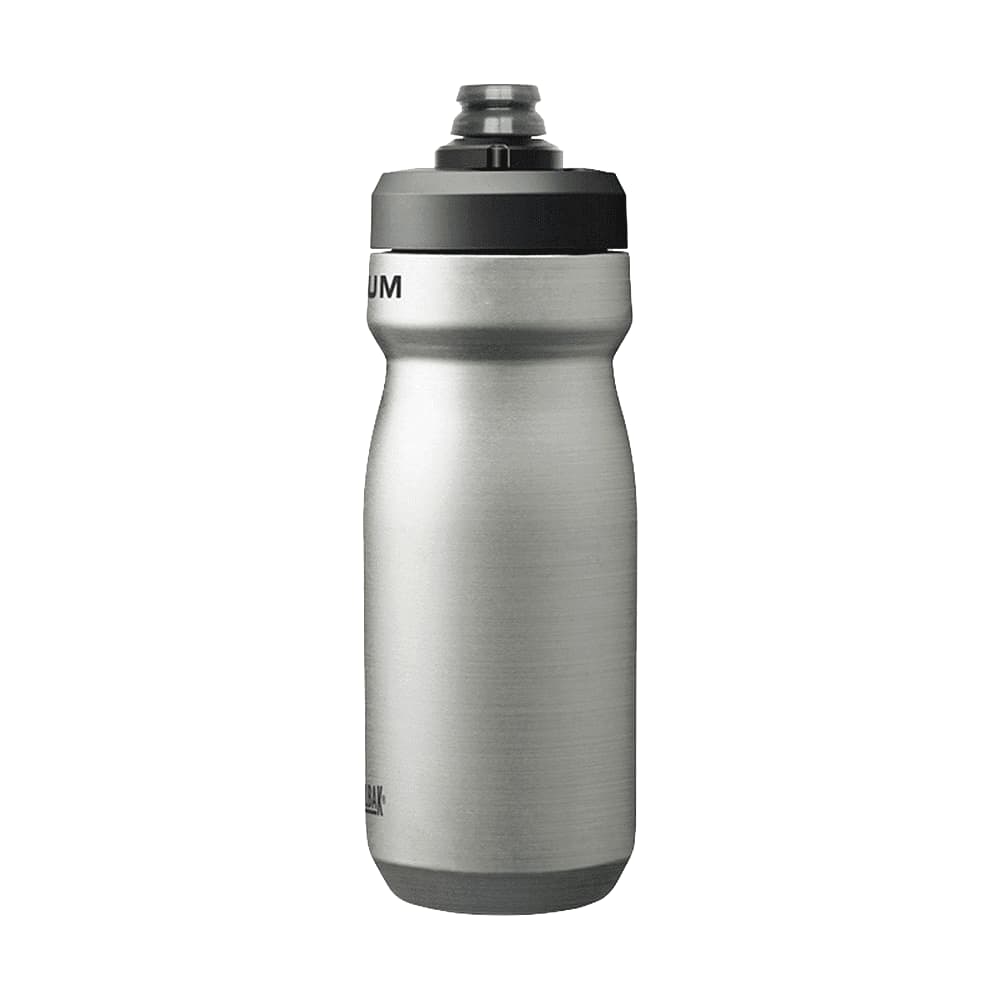 A drink bottle in stainless steel, featuring a black lid and a logo. It's insulated and has a capacity of 0.5L.