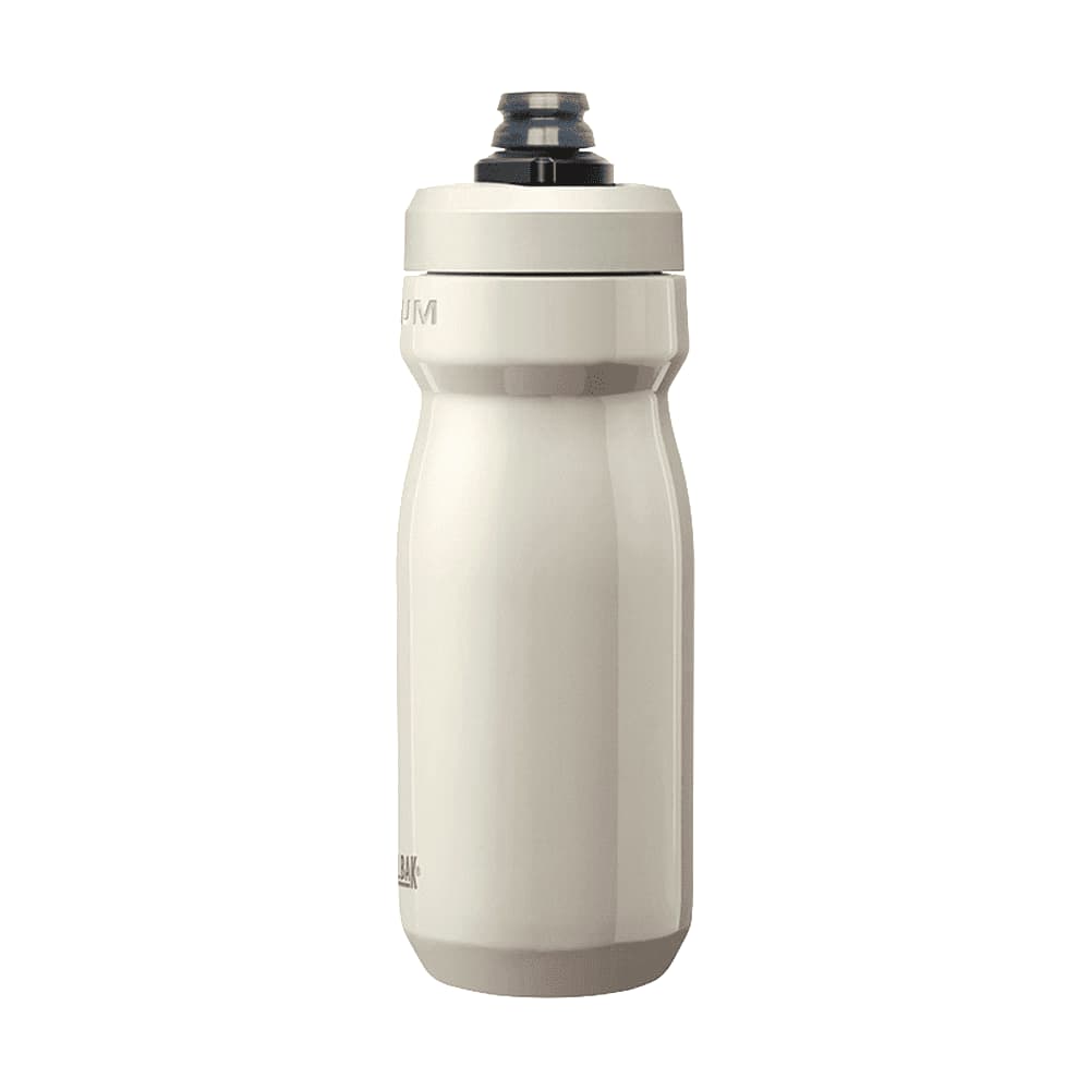 A drink bottle in a matte light grey finish with a black lid, featuring a logo on the side.