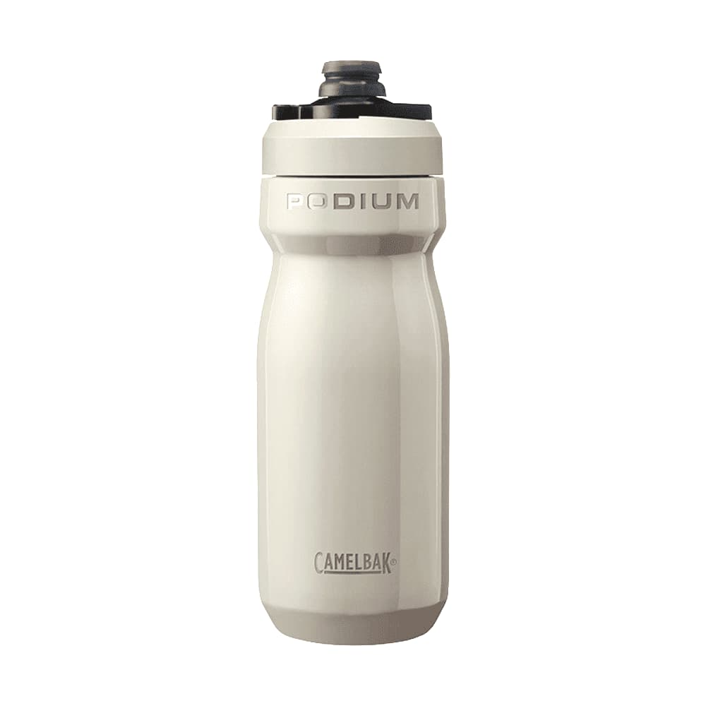 A drink bottle in white with a grey cap, featuring a logo and a streamlined design.