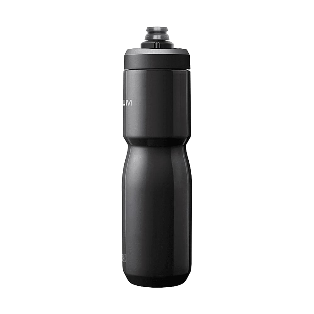 A drink bottle in black, featuring a sleek design and a logo. It has an insulated steel build and a 0.65L capacity.
