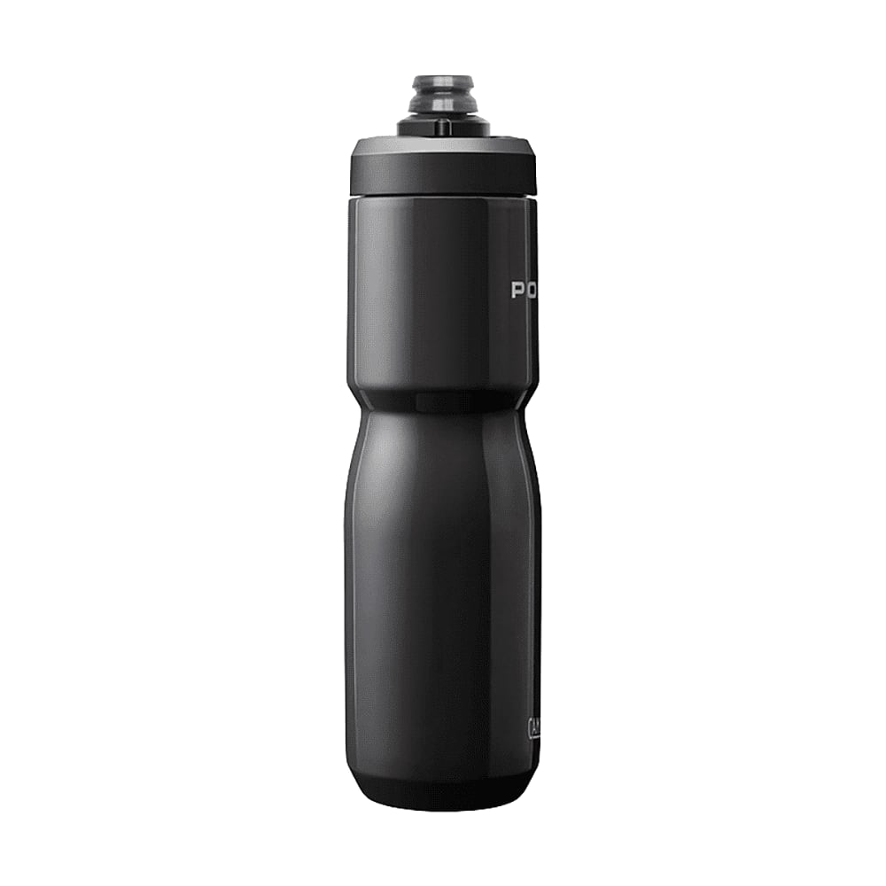A drink bottle in black with a streamlined design and a screw top lid, featuring a logo.