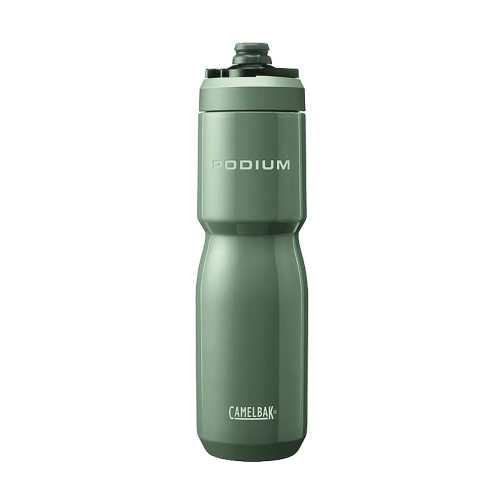 A drink bottle in a muted green colour, featuring a sleek design and a logo. It has a screw-on lid and a spout.
