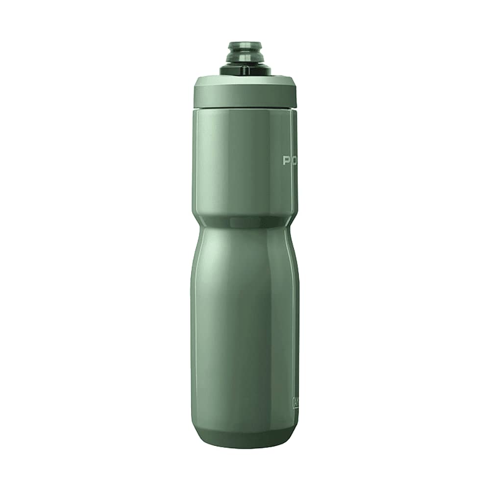 A drink bottle in a sleek, matte green finish with a branding logo on the side.