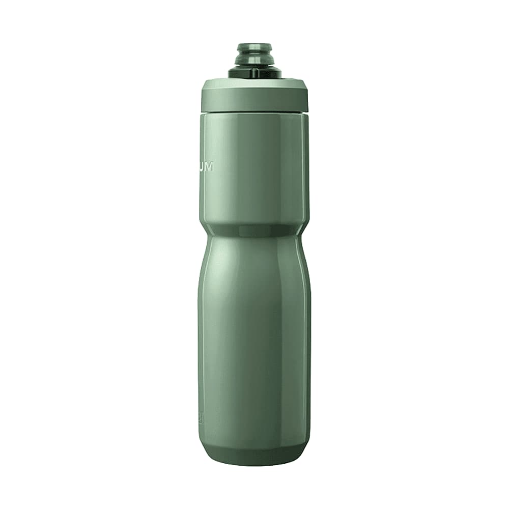 A drink bottle in a muted green colour, featuring an insulated steel design and a branding logo.