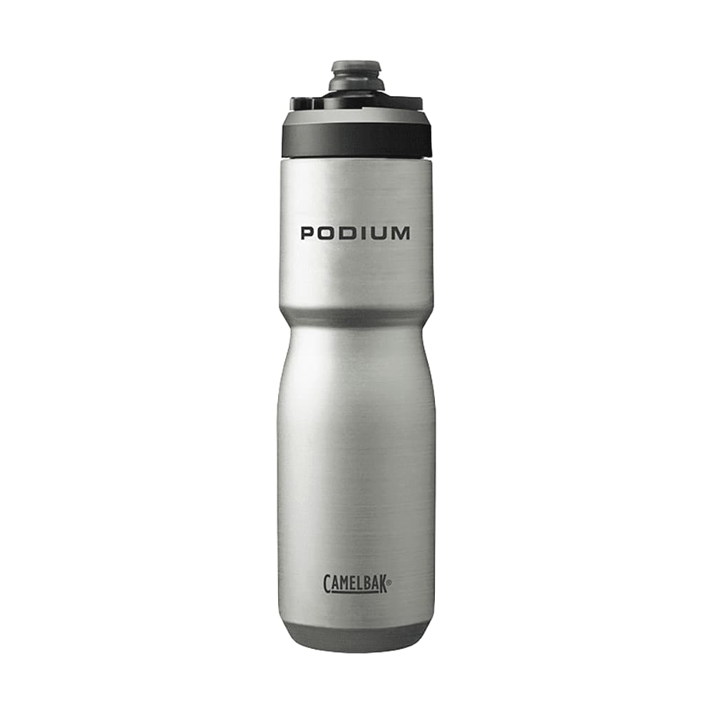 A drink bottle in silver stainless steel with a black and grey lid, featuring a logo on the body.