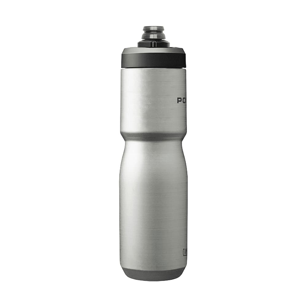 A drink bottle in polished silver stainless steel, featuring a black lid and a branding logo.