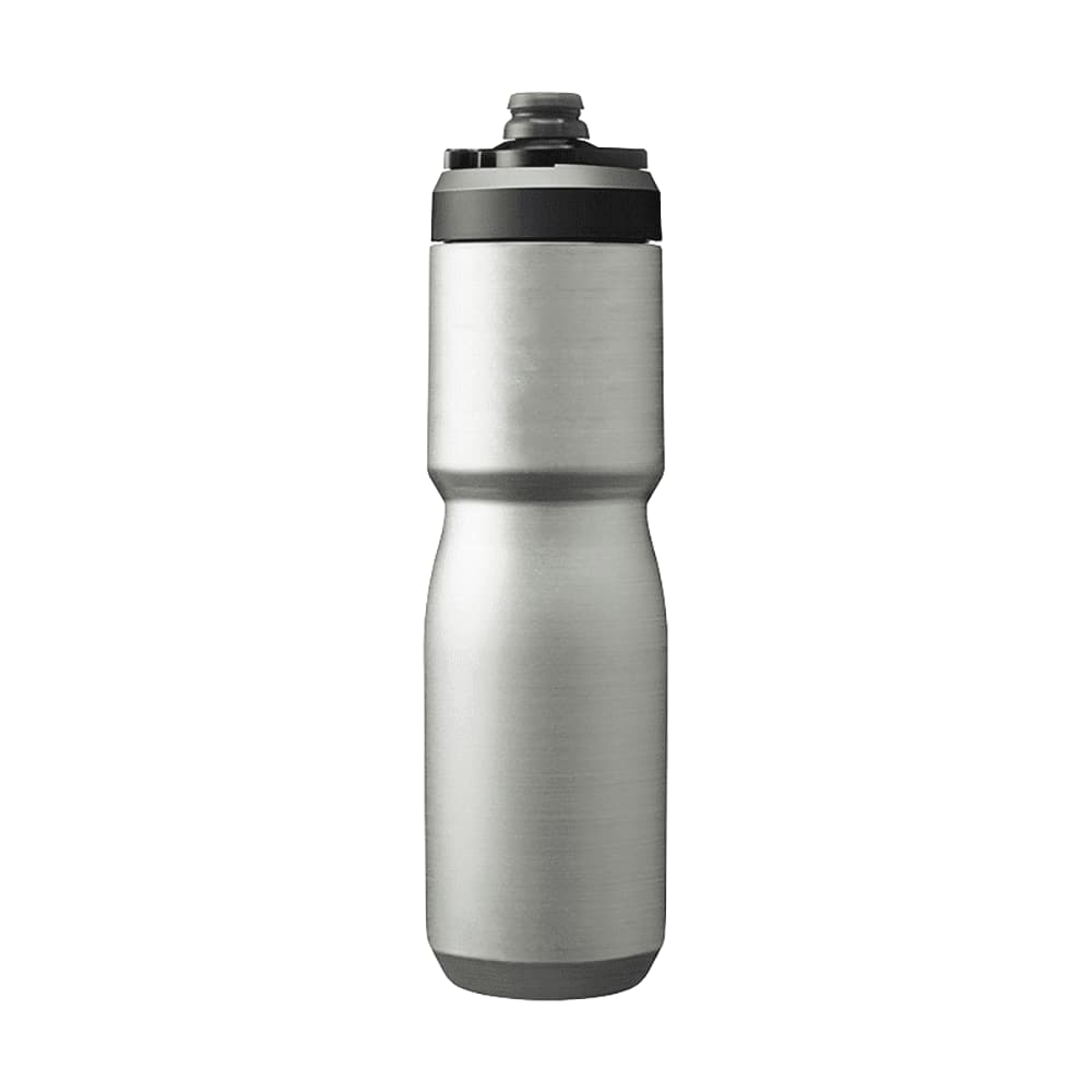 A drink bottle in stainless steel with a black lid and a logo. It has a capacity of 0.65L.
