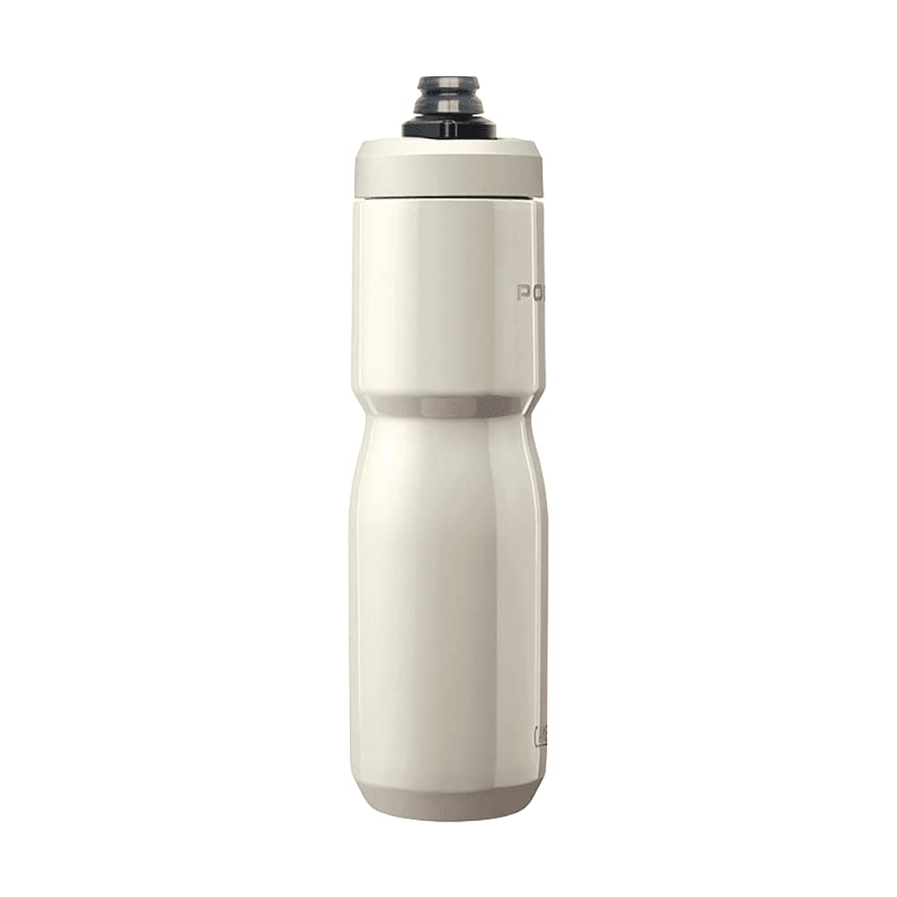 A drink bottle in matte white with a black cap and a slim, ergonomic design. It features a logo on the side.