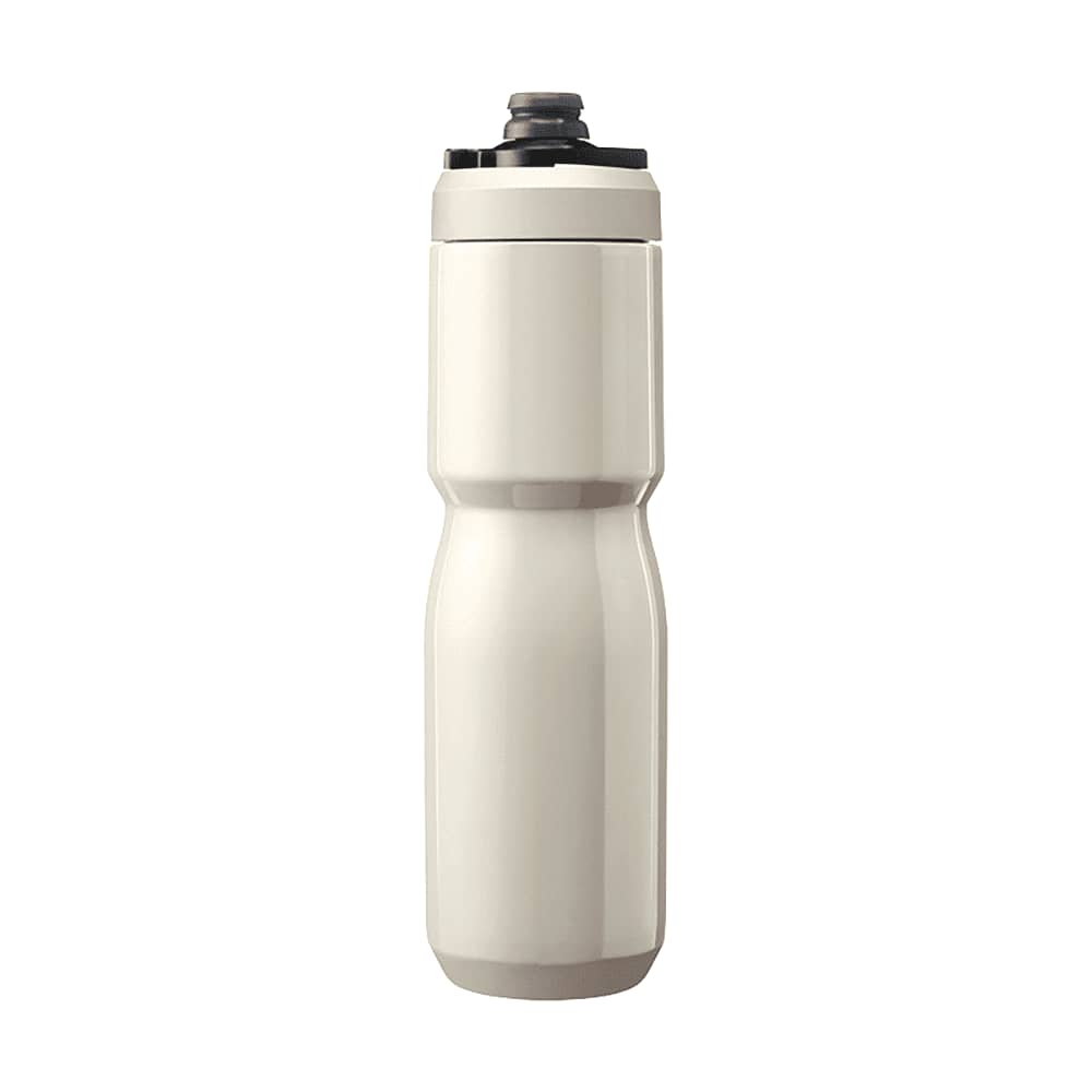A drink bottle in a light cream colour with a sleek, insulated design and a black cap. It features a brand logo.
