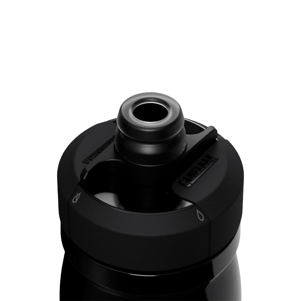 A drink bottle with a black insulated steel design and a sip nozzle, featuring a logo on the lid.