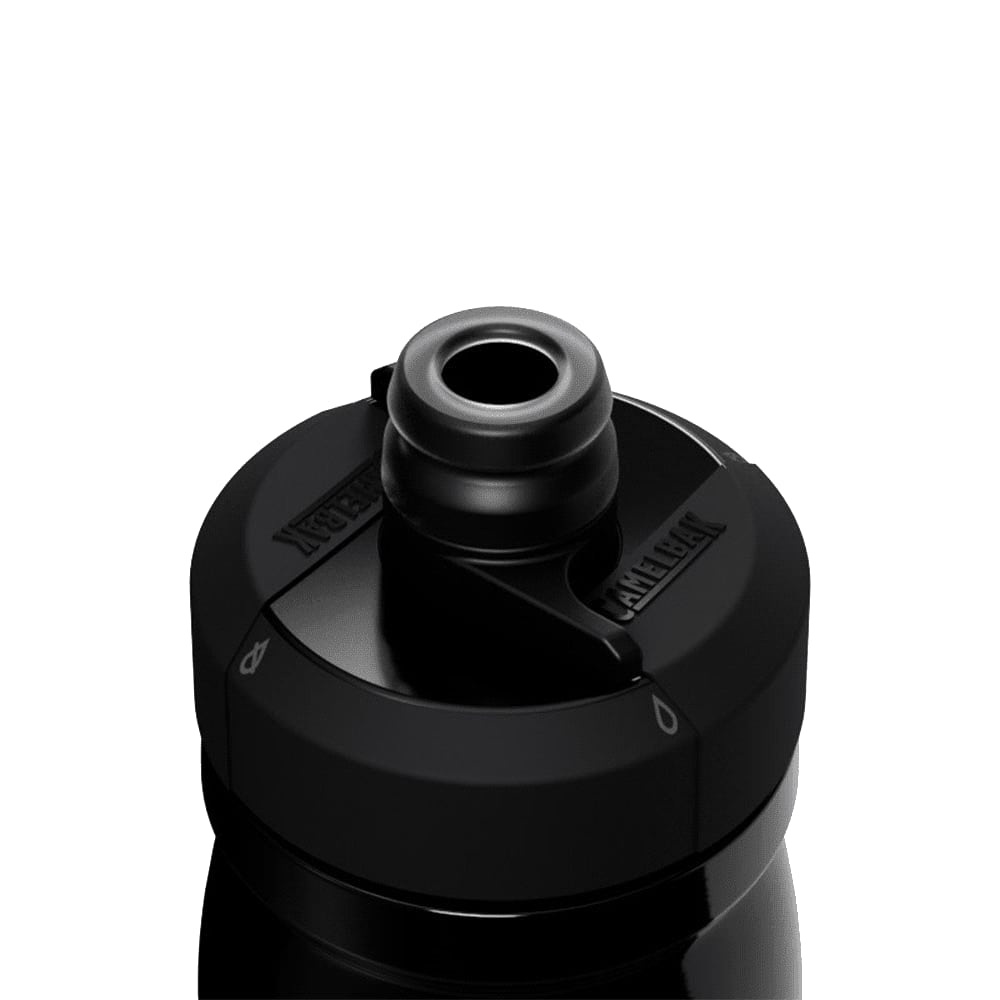 A drink bottle with a black insulated steel body and a black spout cap, featuring a logo on the side.