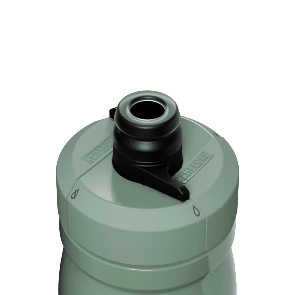 A drink bottle in muted green with a black top and a features an attached spout. It has a logo.