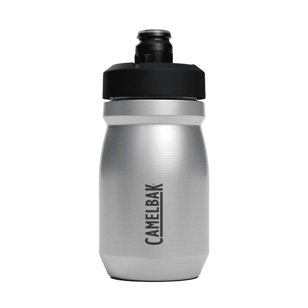 A drink bottle made of stainless steel, featuring a black cap and a CamelBak logo on the side.