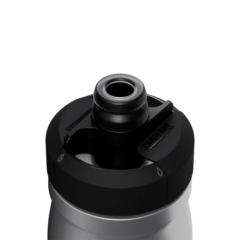 A drink bottle with a silver body and a black, spout lid featuring a logo.