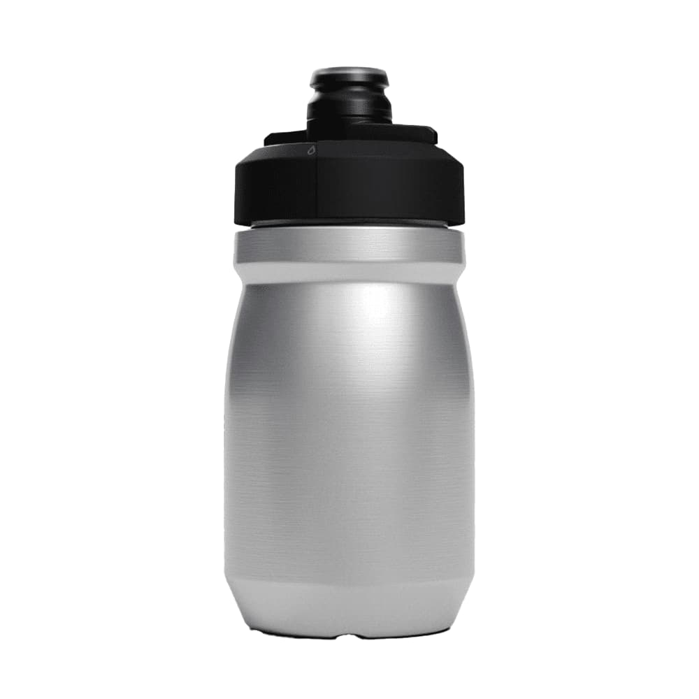A drink bottle in silver stainless steel with a black lid, featuring a logo on its surface.