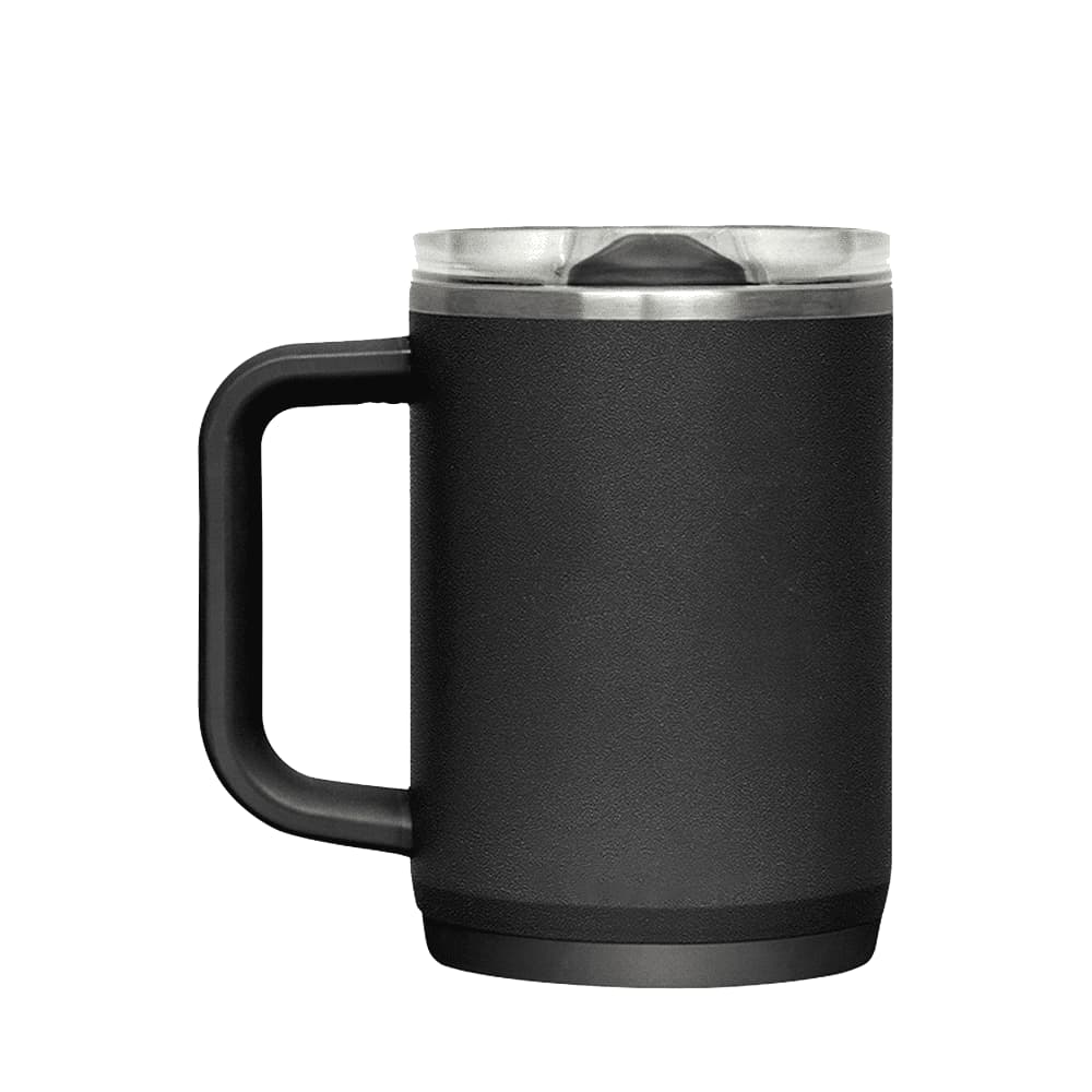 A drink bottle with a black exterior, featuring a handle and a transparent lid. It has a logo on it.