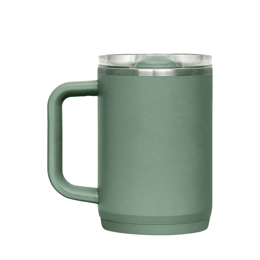 A drink bottle in a muted green colour with a clear lid and a sturdy handle, featuring a logo on the side.
