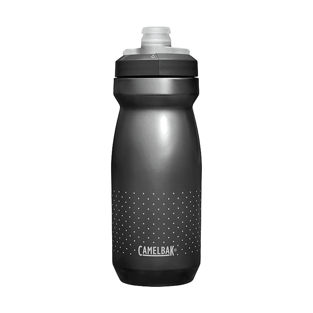 A drink bottle in grey with a dotted grip pattern and a cap, featuring a branding logo.