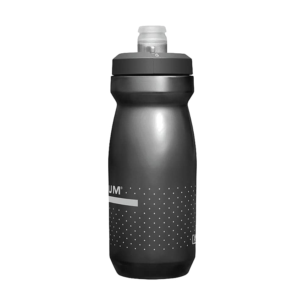 A drink bottle in matte black with a grey cap and dotted pattern, featuring a logo. Holds 0.6L of liquid.