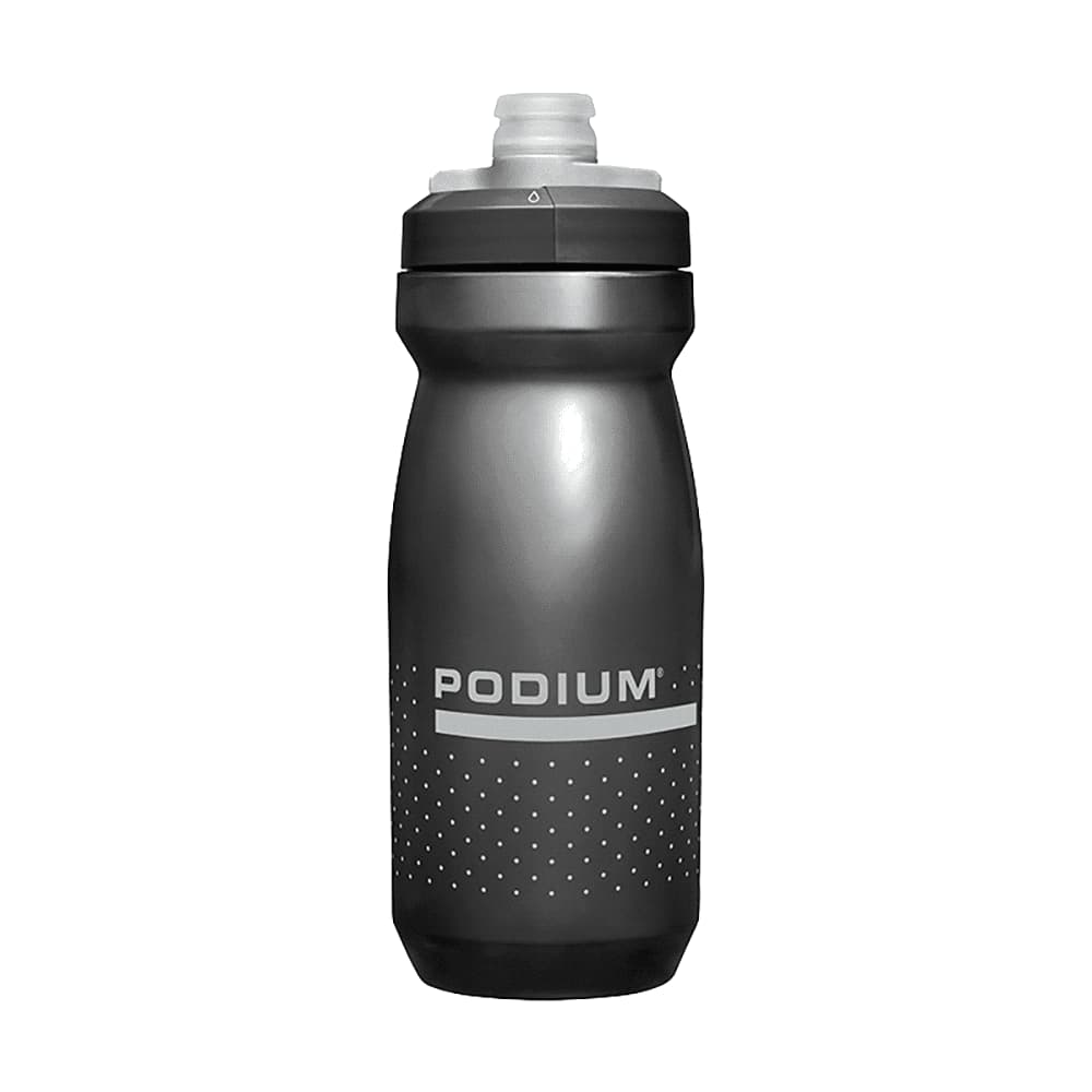 A drink bottle in grey with a sleek design, featuring a logo and a textured grip area.