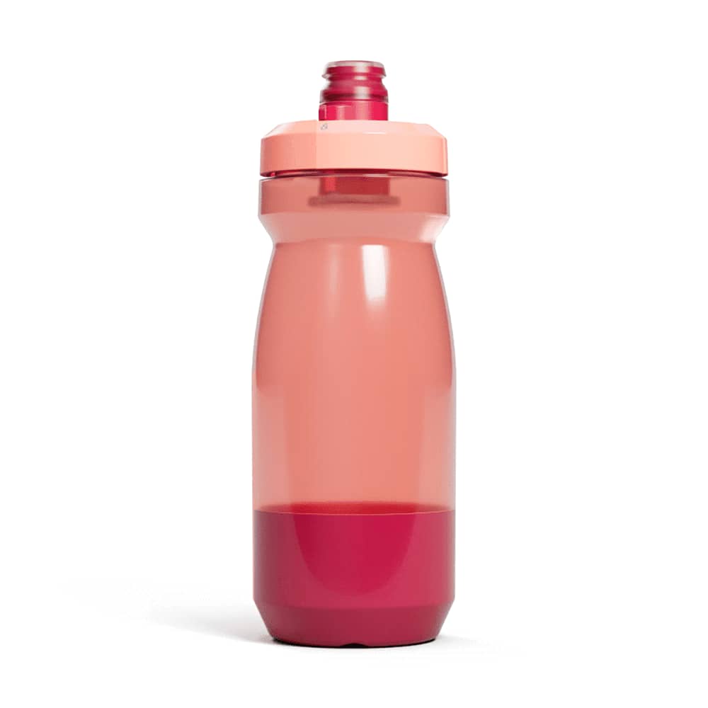 A drink bottle in shades of pink with a screw-top lid and a logo on its body.