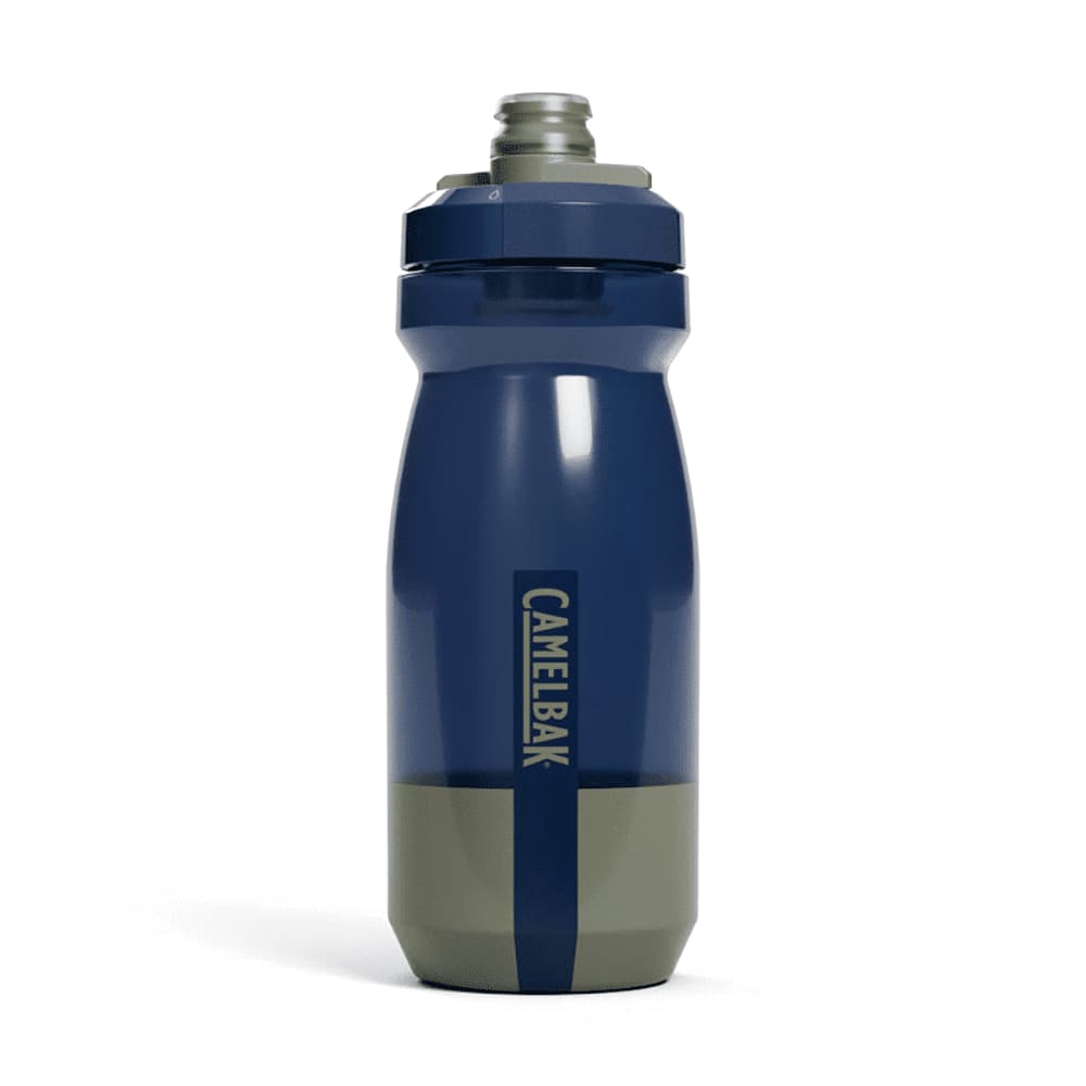 A drink bottle with a navy blue and grey design, featuring a wide mouth for easy filling and a logo on the side.