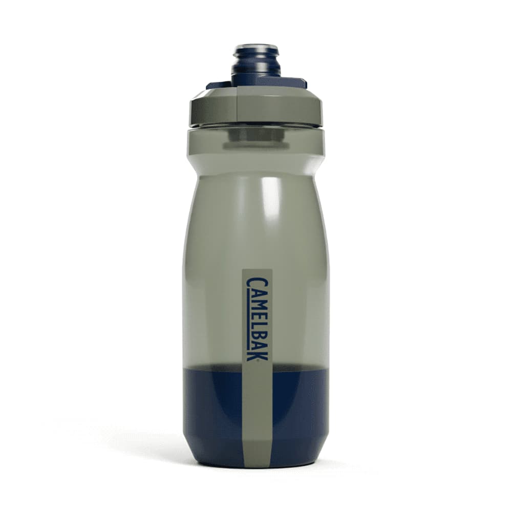 A drink bottle in grey and navy, featuring a logo and a twist-off lid for easy access.