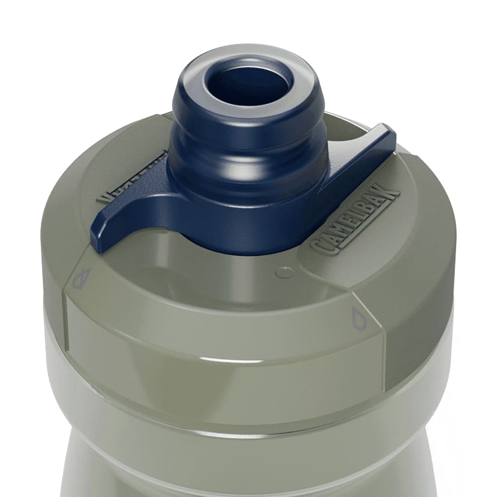 A drink bottle in olive green with a dark blue nozzle and a branding logo on the cap.