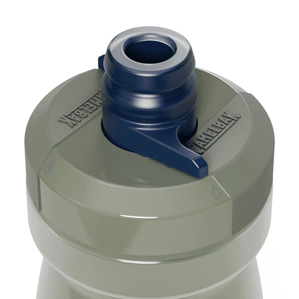 A drink bottle in olive green with a grey cap and a blue spout, featuring a brand logo on the side.