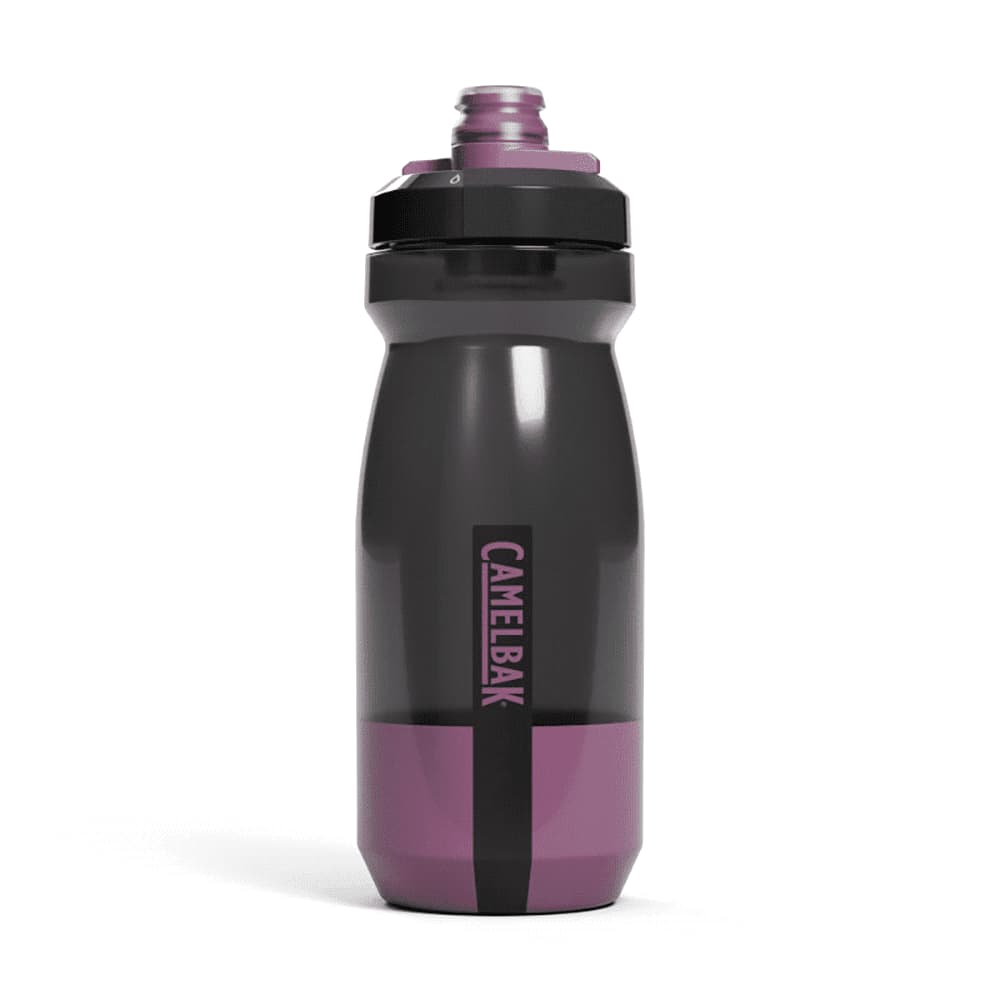 A drink bottle featuring a dark grey body with a purple base and a black lid, including a logo.