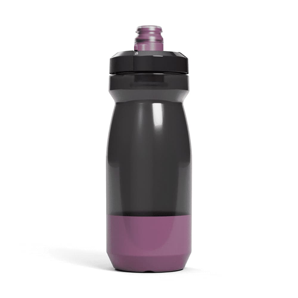 A drink bottle in black and purple with a screw-on lid and a branding logo.