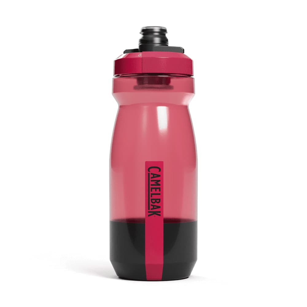 A drink bottle in pink and black with a lid and a logo, featuring a tapered design.