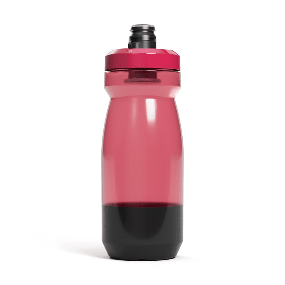 A drink bottle in pink and black with a sporty design and a branded logo on the side.