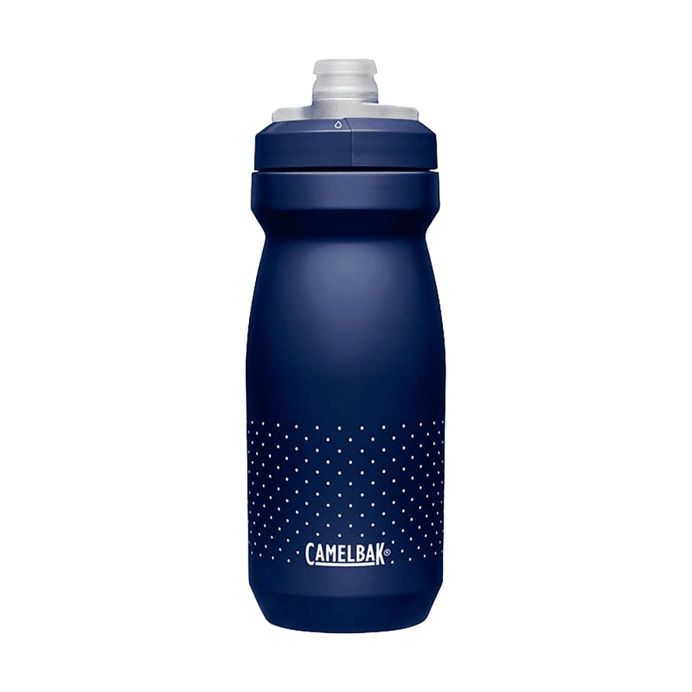 A drink bottle in navy blue with a textured grip and a spout lid, featuring a logo.