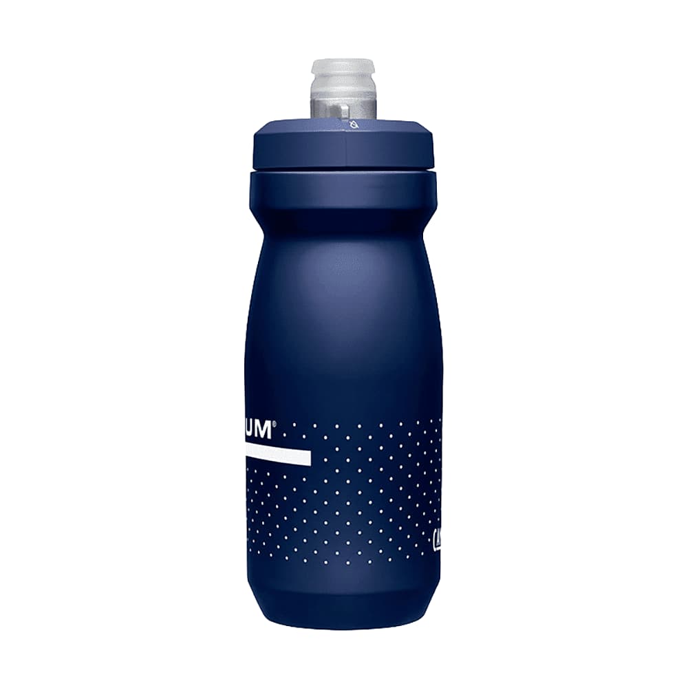 A drink bottle in navy blue with a textured design and a removable spout. It features a logo on the side.