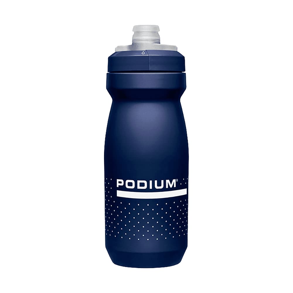 A drink bottle in navy blue with a simple design, featuring a logo and a dotted pattern.