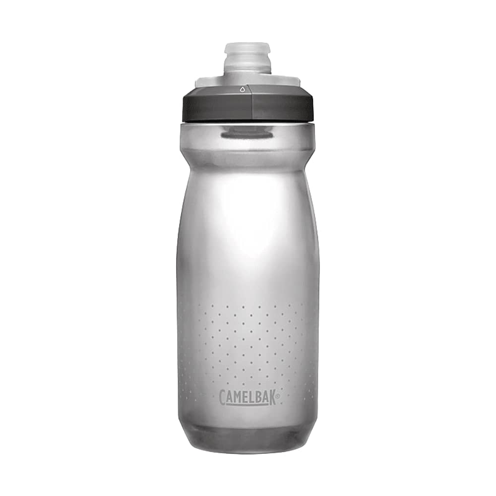 A drink bottle in clear plastic with grey accents and a logo, featuring a squeeze top for easy hydration.