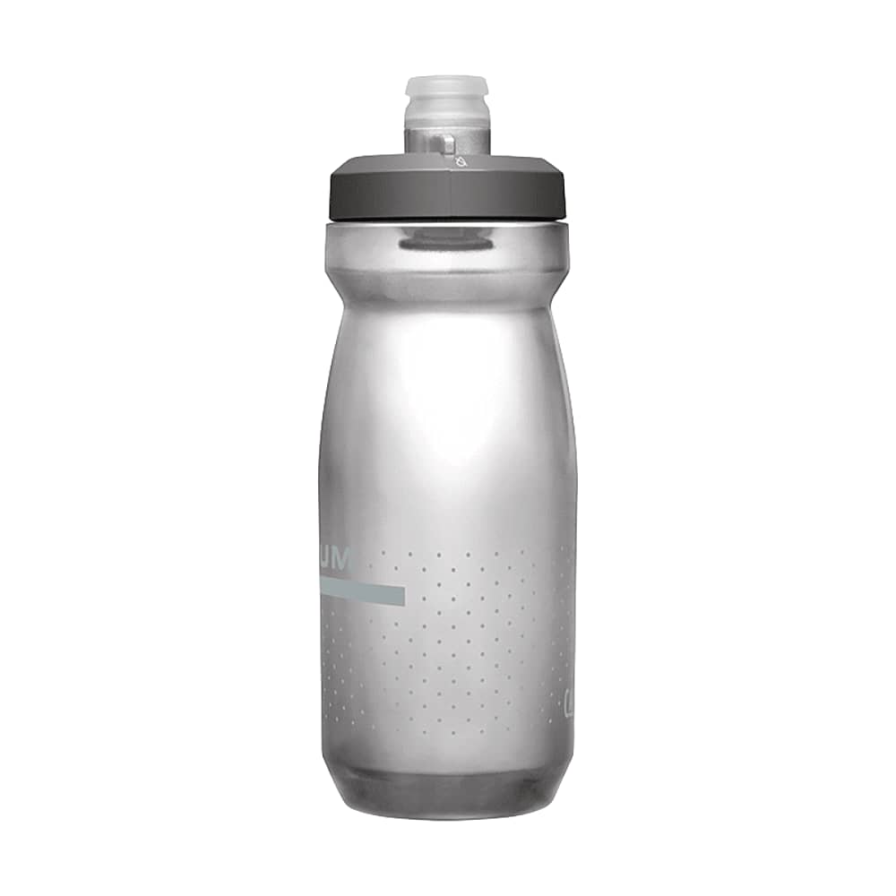 A drink bottle in clear plastic with a grey cap and nozzle, featuring a dotted design and a branding logo.