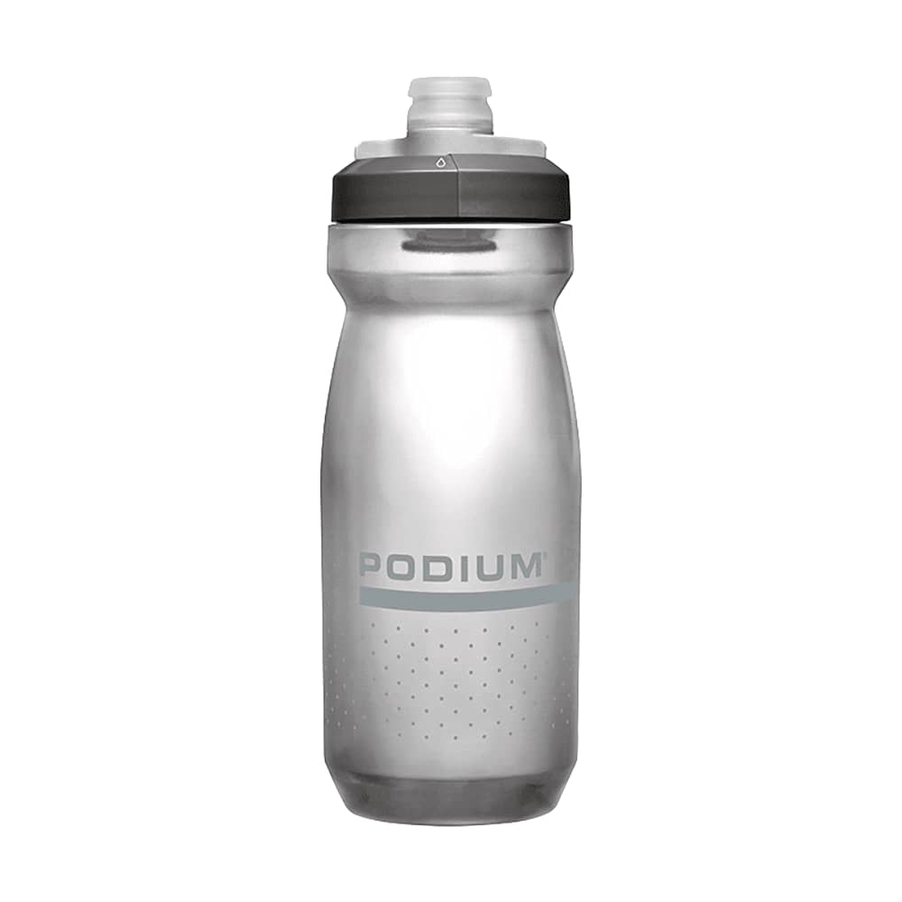 A drink bottle in clear and grey, featuring a wide mouth and a sports cap, with a logo on its side.