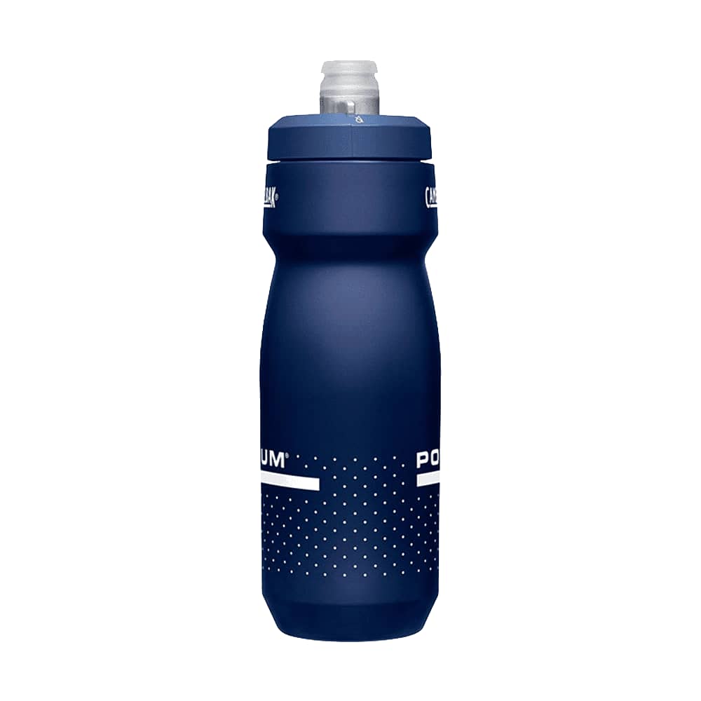 A drink bottle with a navy body and a flip top, featuring a logo and a dotted design.