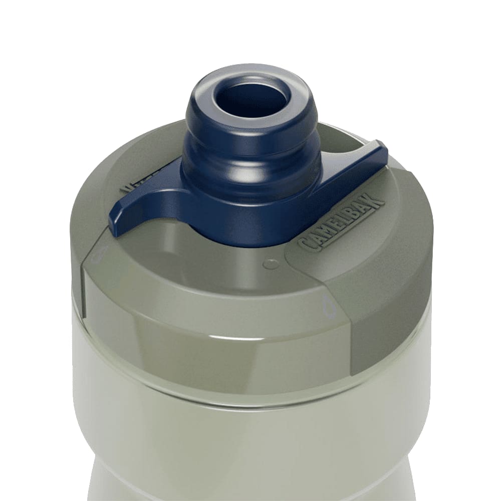 A drink bottle in grey and off-white with a blue spout, featuring a logo on the side.
