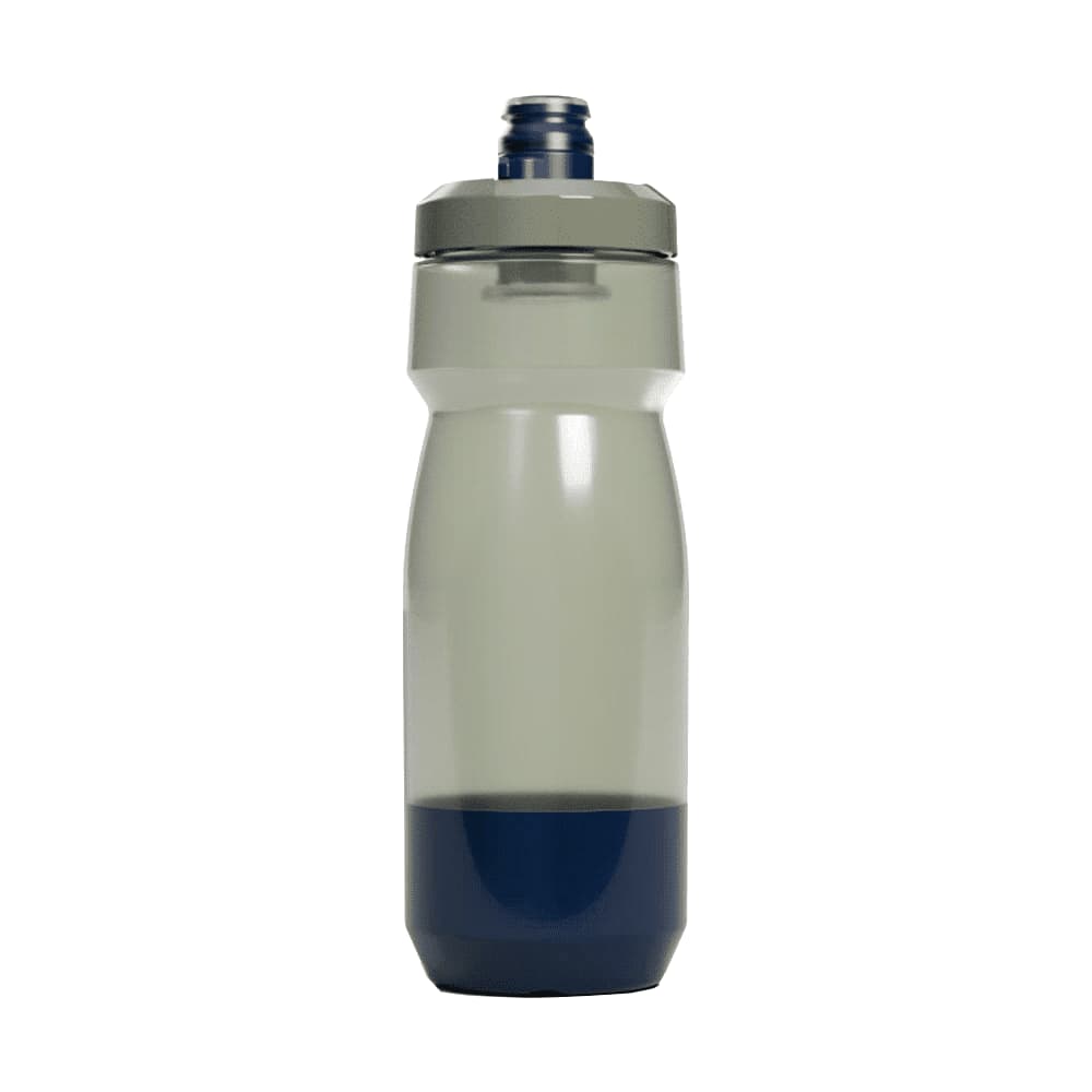 A drink bottle with a grey upper section and dark blue lower section, featuring a screw-on lid and a logo.