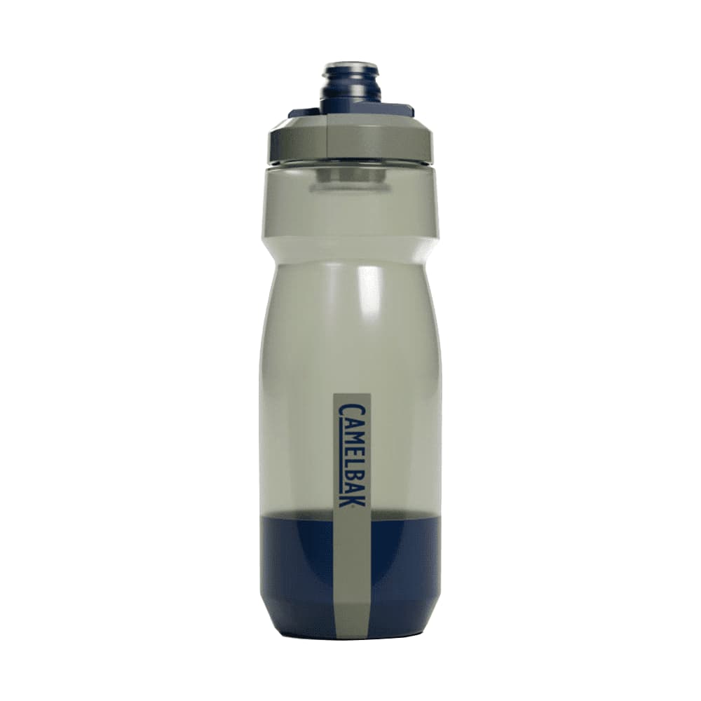 A drink bottle in clear grey with navy detailing, featuring a lid and a logo.