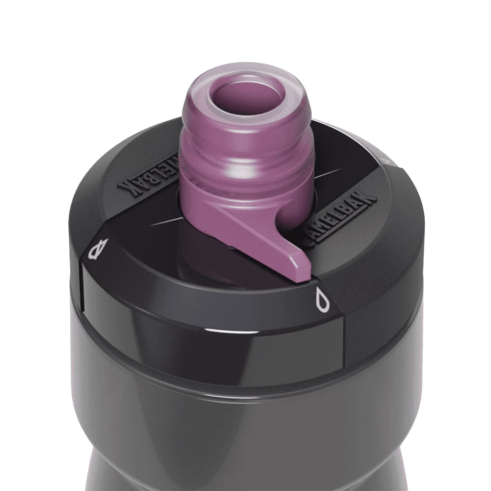 A drink bottle in dark grey with a purple cap and a spout, featuring a logo on the top.
