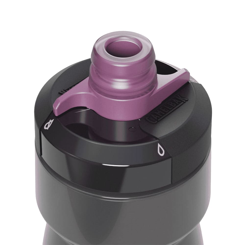 A drink bottle in black with a purple lid and valve, featuring a logo on the side.