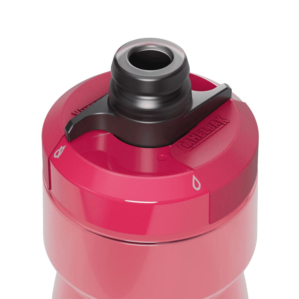 A drink bottle in vibrant pink with a black spout, featuring a logo on the side.