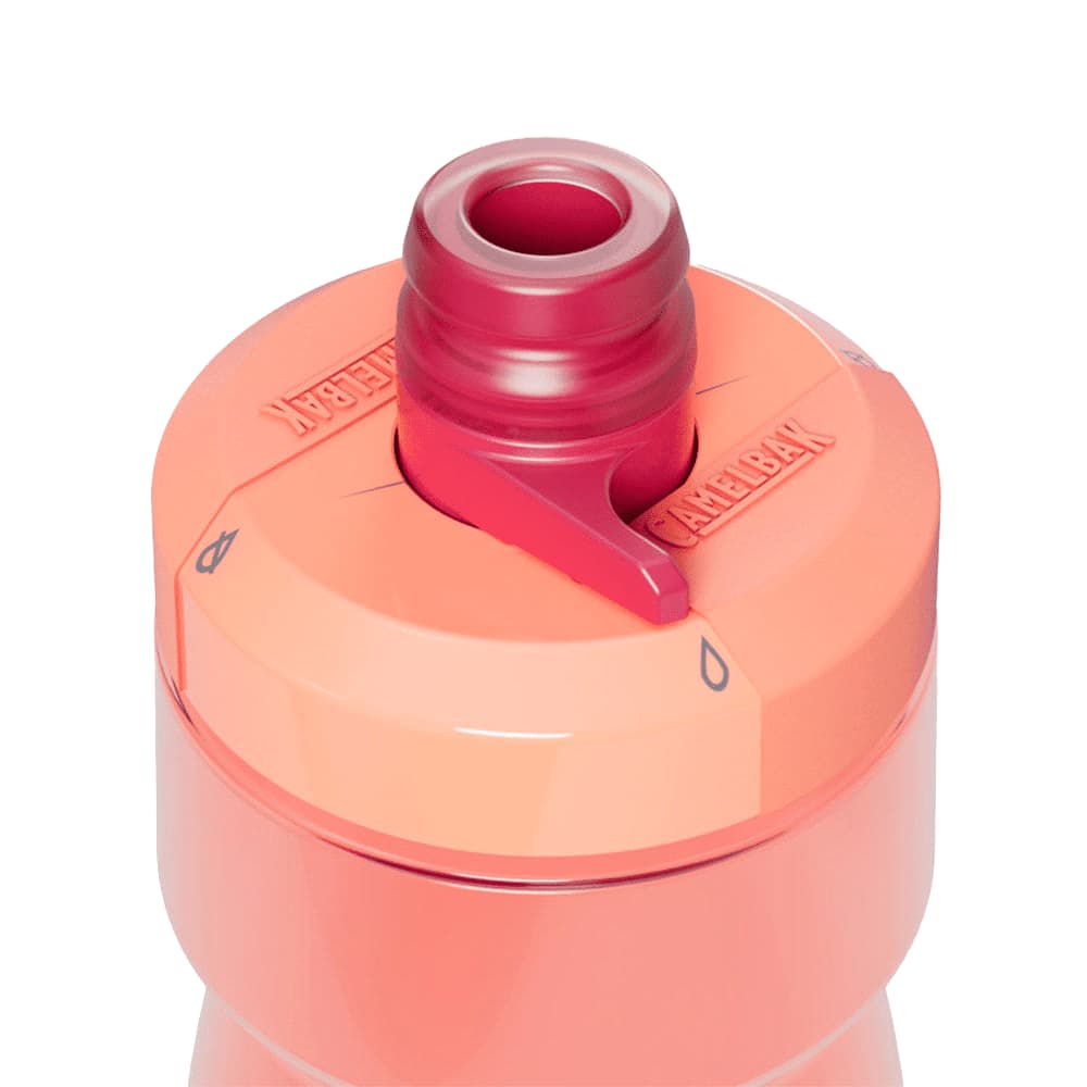 A drink bottle in shades of pink and orange with a spill-proof cap and a logo on the side.
